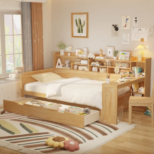 #Modern Solid Wood Full/Queen Size Daybed With Storage Shelves Two Storage Drawers Desk-Eco-Friendly & Durable Bedroom