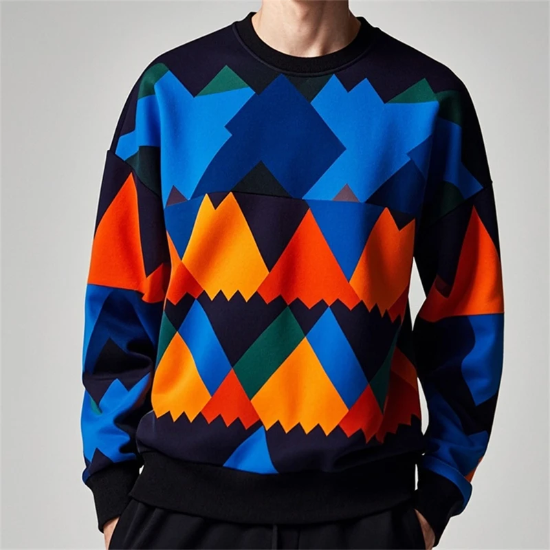 Felpa grafica con geometria alla moda per uomo Primavera Autunno Tendenza semplice Manica lunga Felpe con stampa 3D Pullover oversize casual