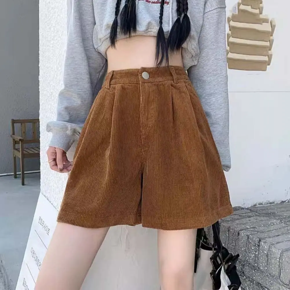 Casual High Waist Women Corduroy Shorts Stripe Two Pockets Wide Leg Short Pants Large Size Elastic Loose Streetwear Daily