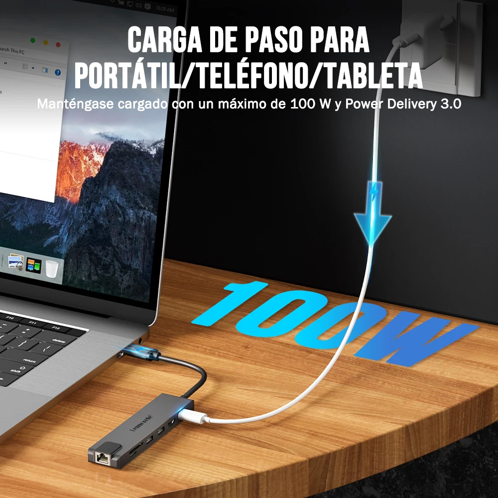 Lemorele USB C Docking Station 7-em-1 Link 4K 30Hz HDMI Display HUB PD100W Gigabit RJ45 SD e TF para PC Laptop TV Projetor Tablet