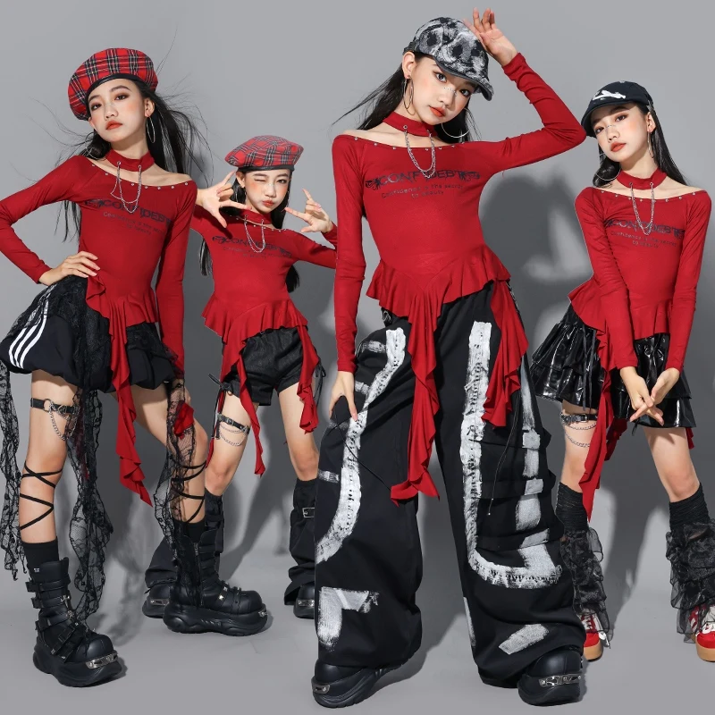 Meisjes Jazzdans Kostuum Onregelmatige Rode Tops Zwarte Broek Hip Hop Kpop Prestaties Kleding Lange Mouwen Straat Kleding BL17100