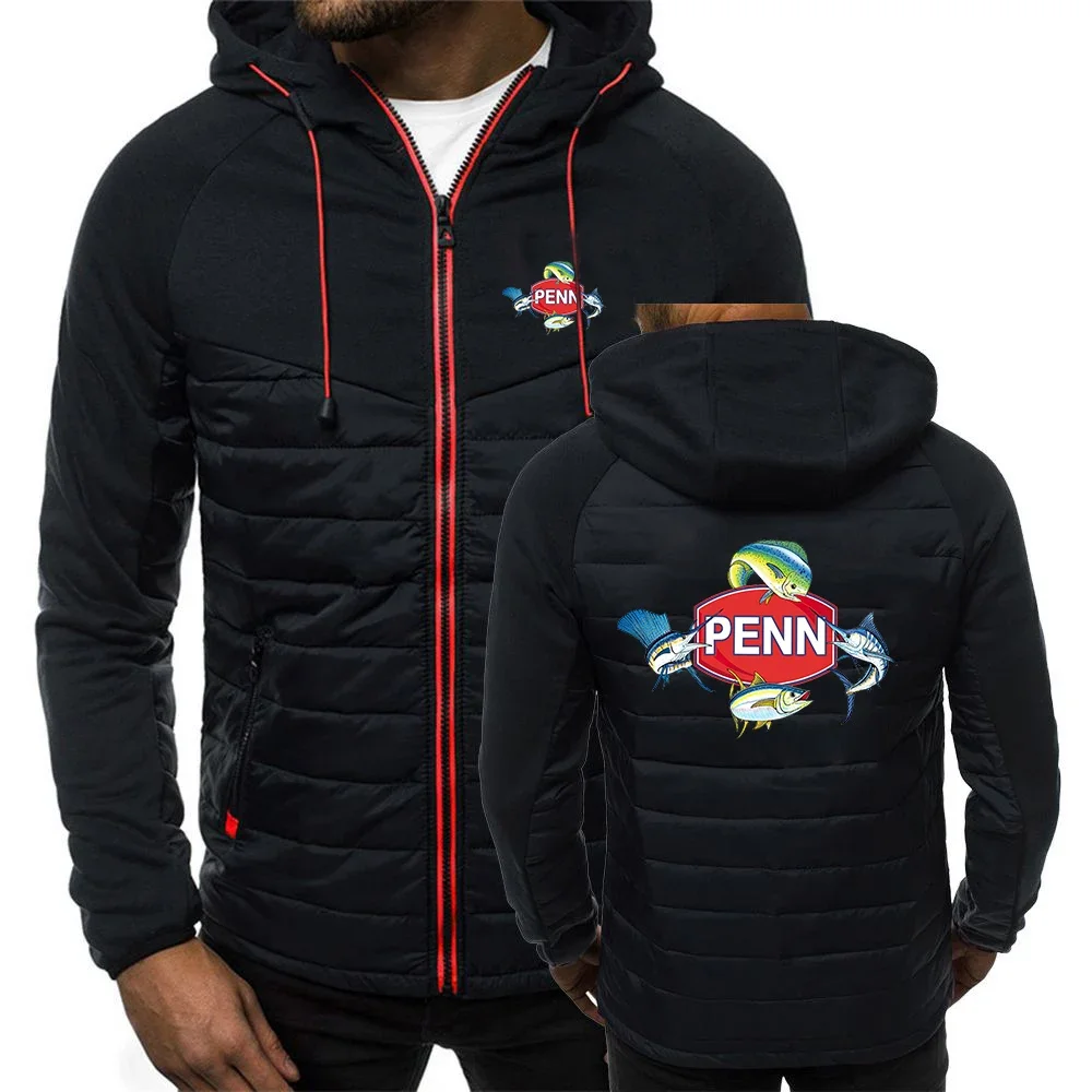 Veste en coton à capuche pour homme, logo de moulinet de pêche Penn, populaire, patchwork de documents solides, manteau chaud et confortable, printemps et automne 2024