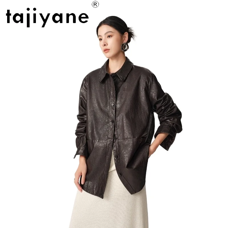 TAJIYANE Vintage Waxed Goatskin Trench Coat Women Mid‑Length Casual Loose Lapel Coats Genuine Leather Jacket Women Clothing 2026