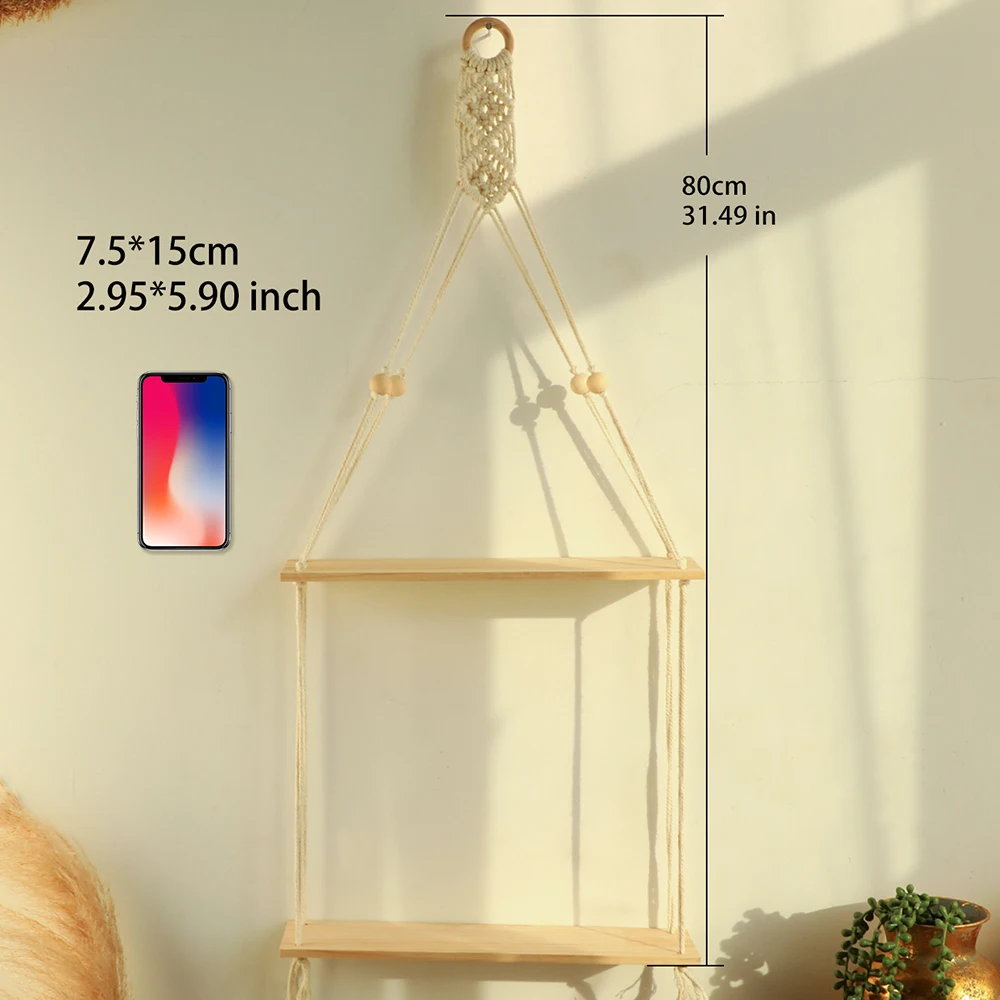 Macrame Wand Hängen Regal Boho Wohnkultur Regale Auf Wand Holz Dekoration für Schlafzimmer Wohnzimmer Kindergarten Christamas Geschenk – Detail 21
