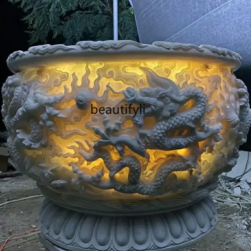 F181 Stone carving dragon tank, white marble fish tank, round outdoor ornament, antique bluestone water tank, flow tank