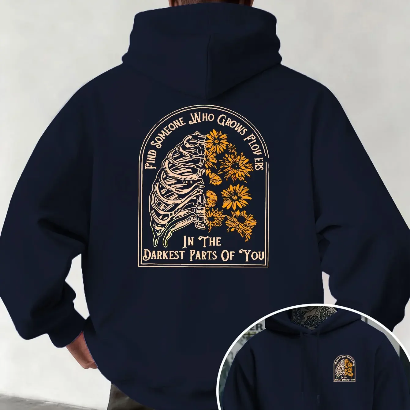 Dark Healing Aesthetic Skeleton Blooms Sunflowers Text Double Sided Print Oversized Loose Unisex Fleece Lined Hooded Sweatshirt