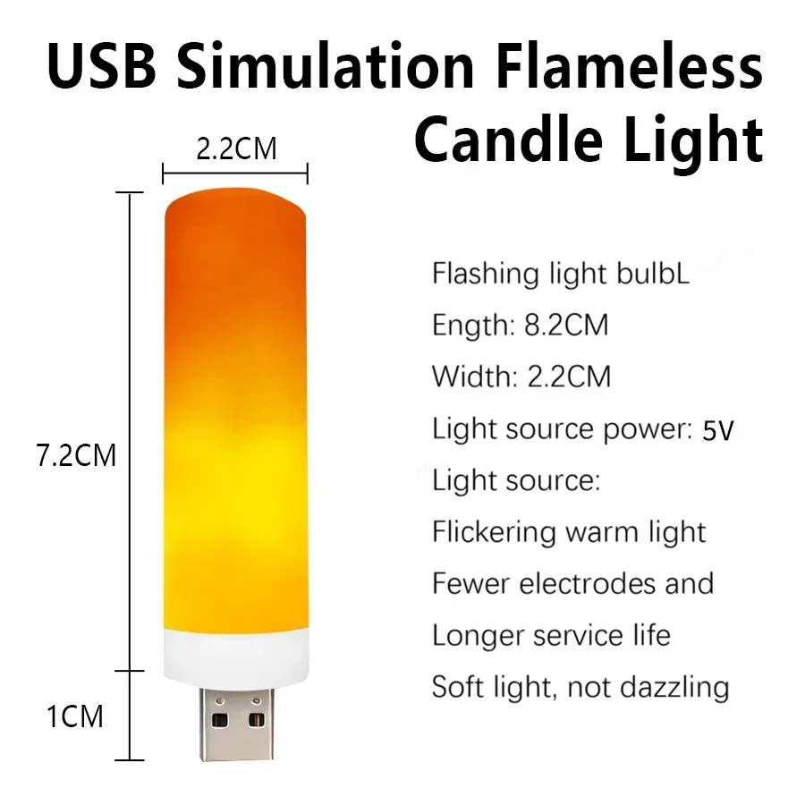 USB LED Night Lamp com Chama Simulada, Luz Noturna, Lâmpadas de Efeito, Candle Lights, Flickering, Sem Chama, Candles Decor