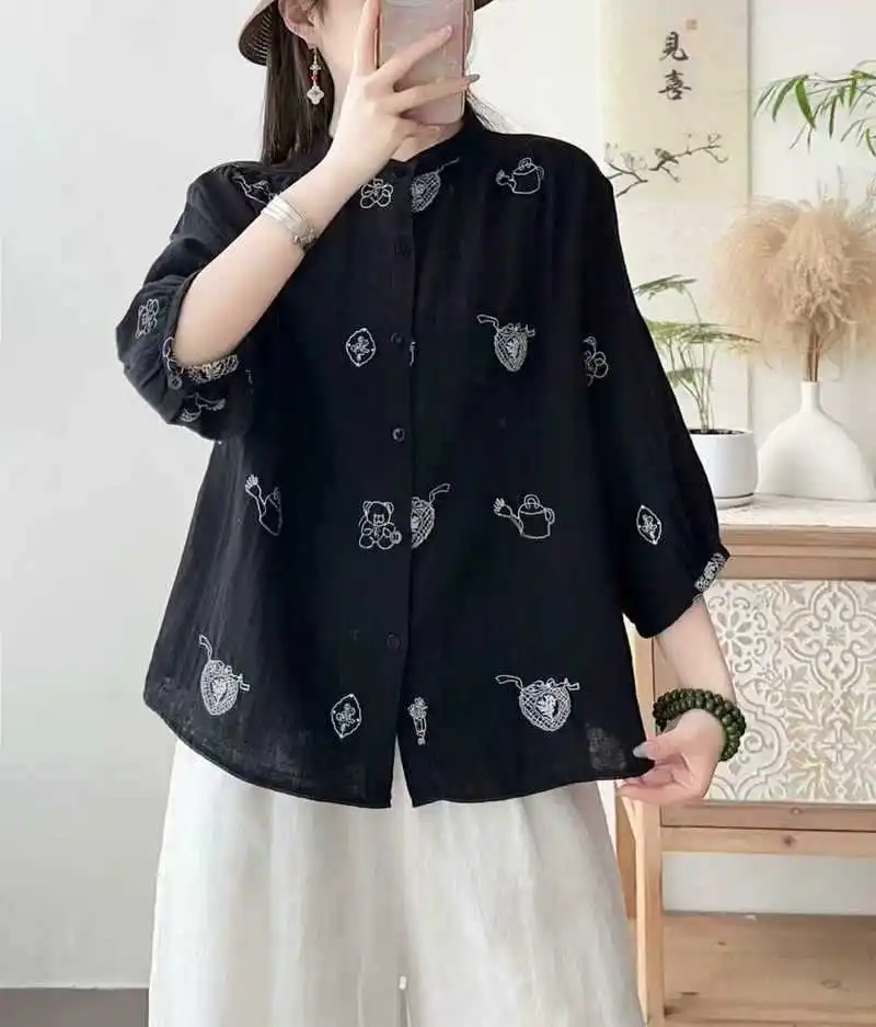 جديد 2025 قميص نصف كم من غزل القطن للخريف ، بلوزة فضفاضة للنساء مطرزة على شكل قطة ، بلوزة موري جيرل متعددة الاستخدامات للتنقل T59321CC
