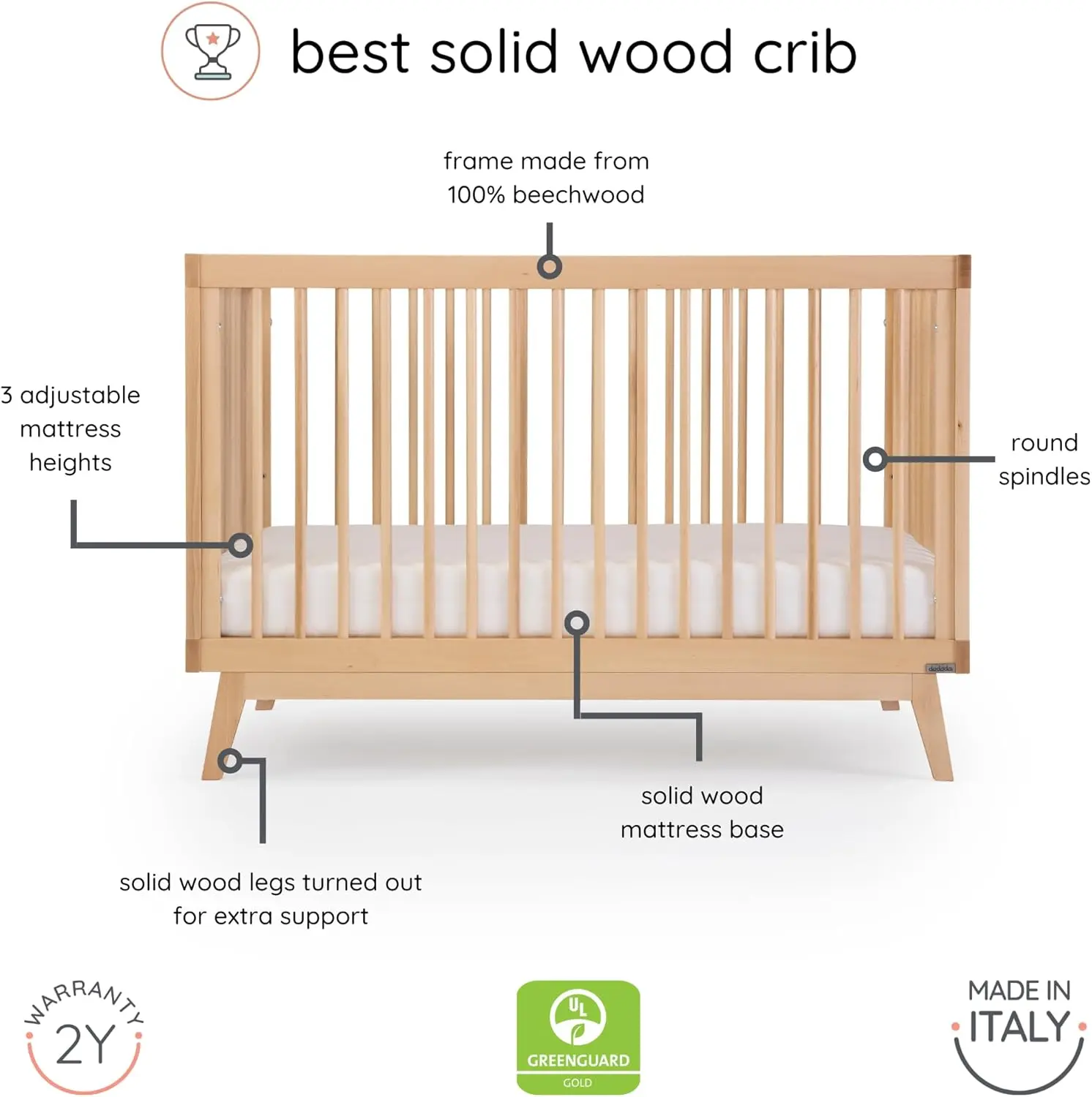 Dadada GREENGUARD 골드 인증 소형 아기 침대, 유아용 목제 침대, 3 in 1 컨버터블 침대, 이탈리아산