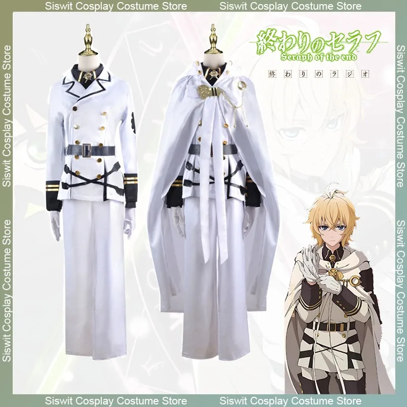 

Anime Seraph of The End Mikaela Hyakuya Cosplay Costumes White Windbreaker Cloak Uniform Accessories Wig Full Set Party Suits