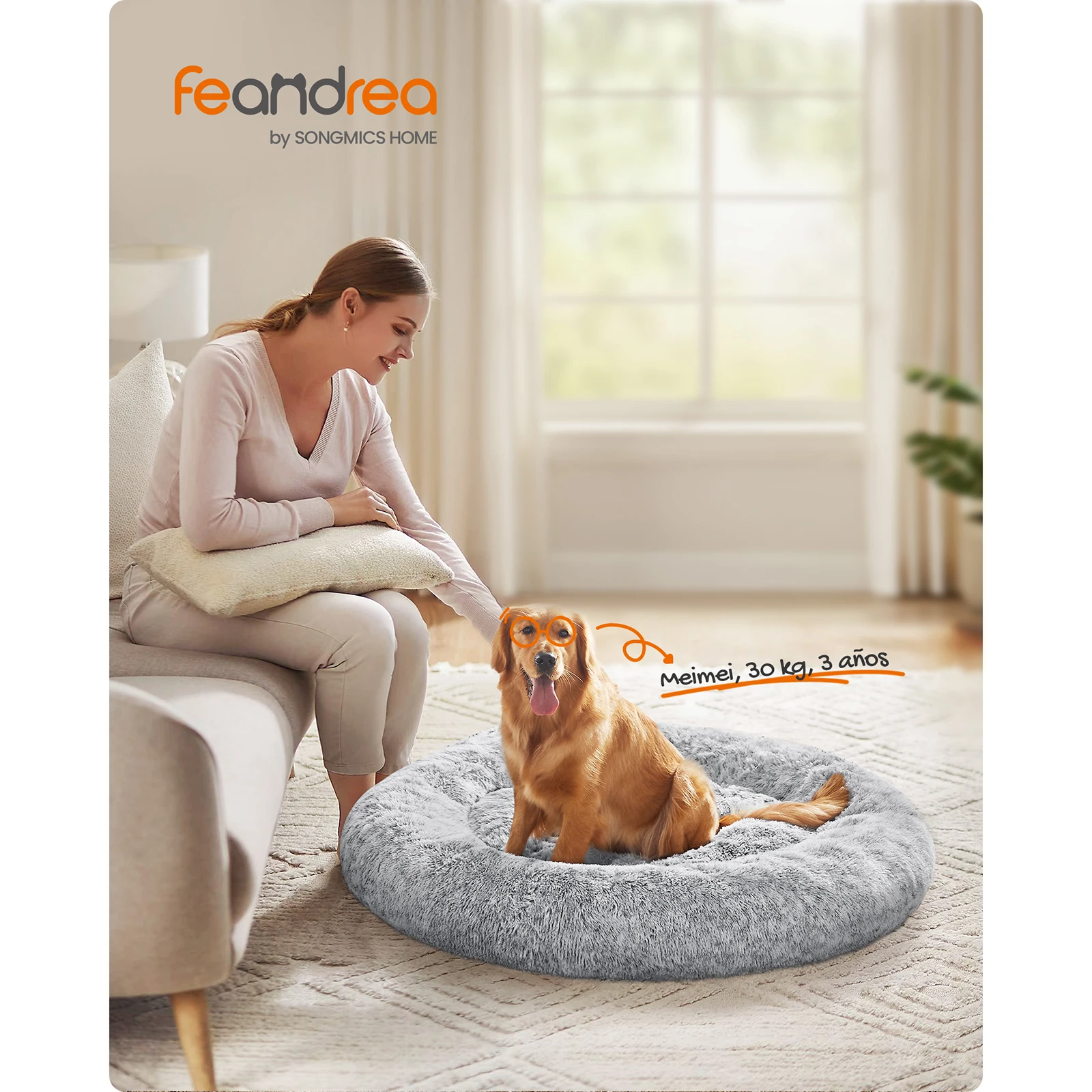 Feandrea Donut Cat Bed: Calming pet bed with washable cover, soft plush, 120 cm size, Grey color.