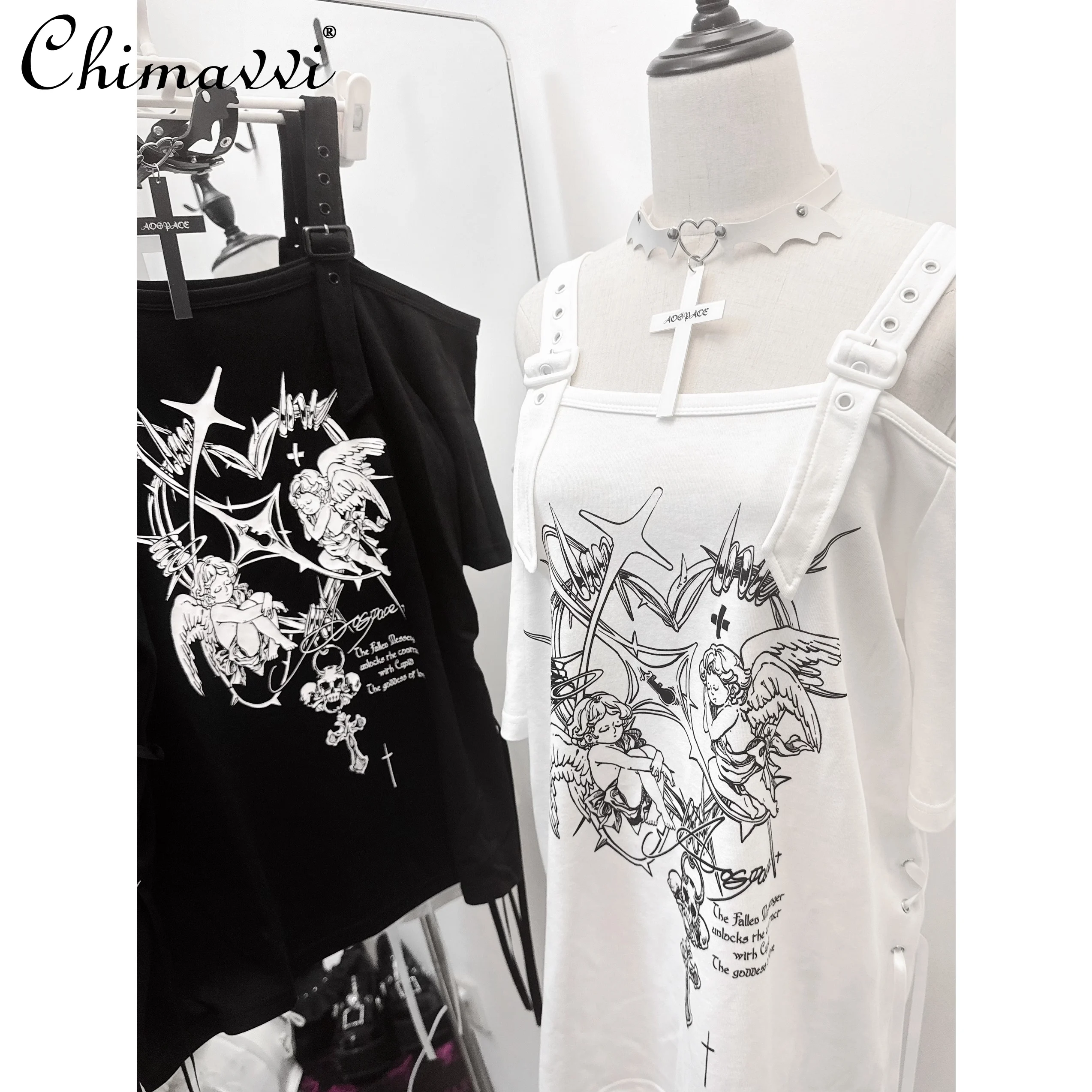 Japanese Subculture Black and White Angel Print T-shirt Summer Off-the-shoulder Girl Short Sleeve Loose Cotton Women Tee Tops