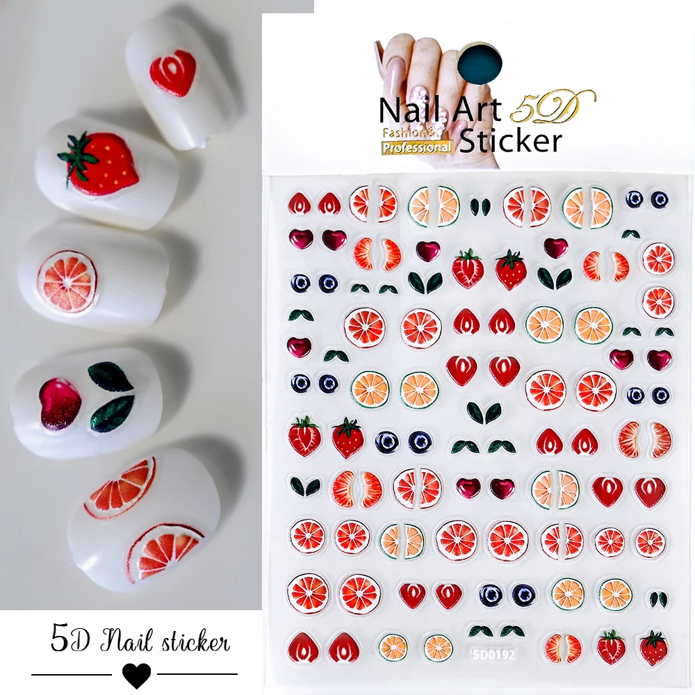 5D Fruit Nail Stickers para Manicure, Fruit Sliders, Limão, Cereja, Kiwi, Frutas, Abacate, Morango, Pessach, Decalques em relevo, Verão, 1pc