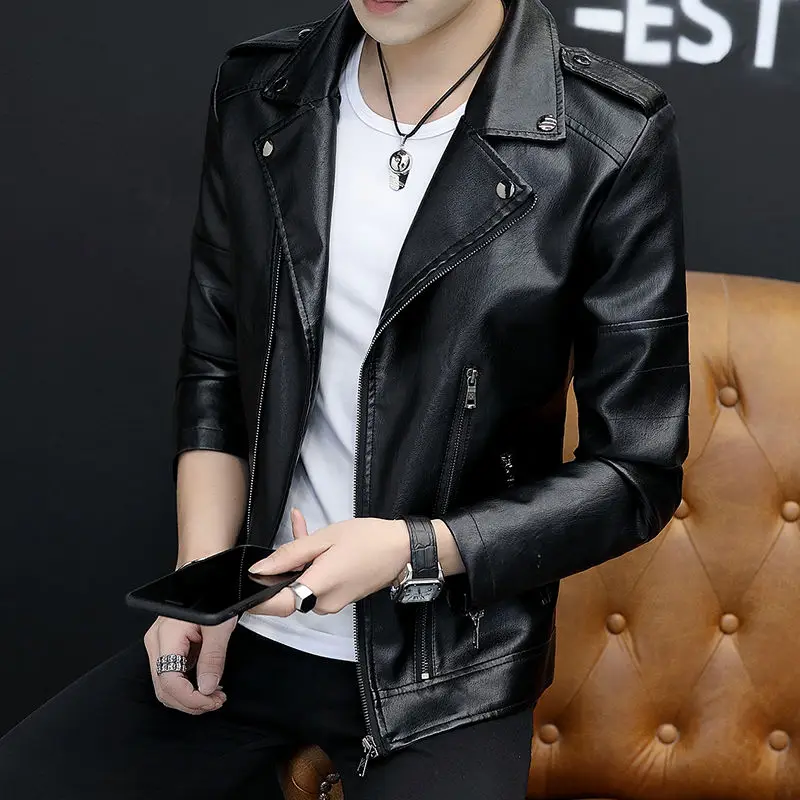 

Bomber Leather Jacket Men Streetwear Lapel Motorcycle Jacket Zipper PU Leather Coat Vintage Black Pocket Jackets Men Clothing