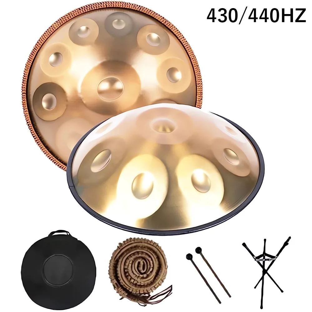 Tambor de mano dorado de 440 Hz, 432 Hz con lengüeta de acero para yoga, instrumento de meditación, principiante, regalo de tambor, 22 pulgadas, 9, 10, 12 notas