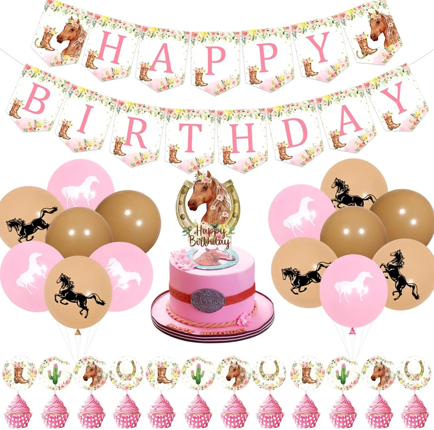 

Fangleland Horse Birthday Decorations Pink Floral Horse Happy Birthday Banner Cake Topper Horse Balloons Cowgirl Party Supplies