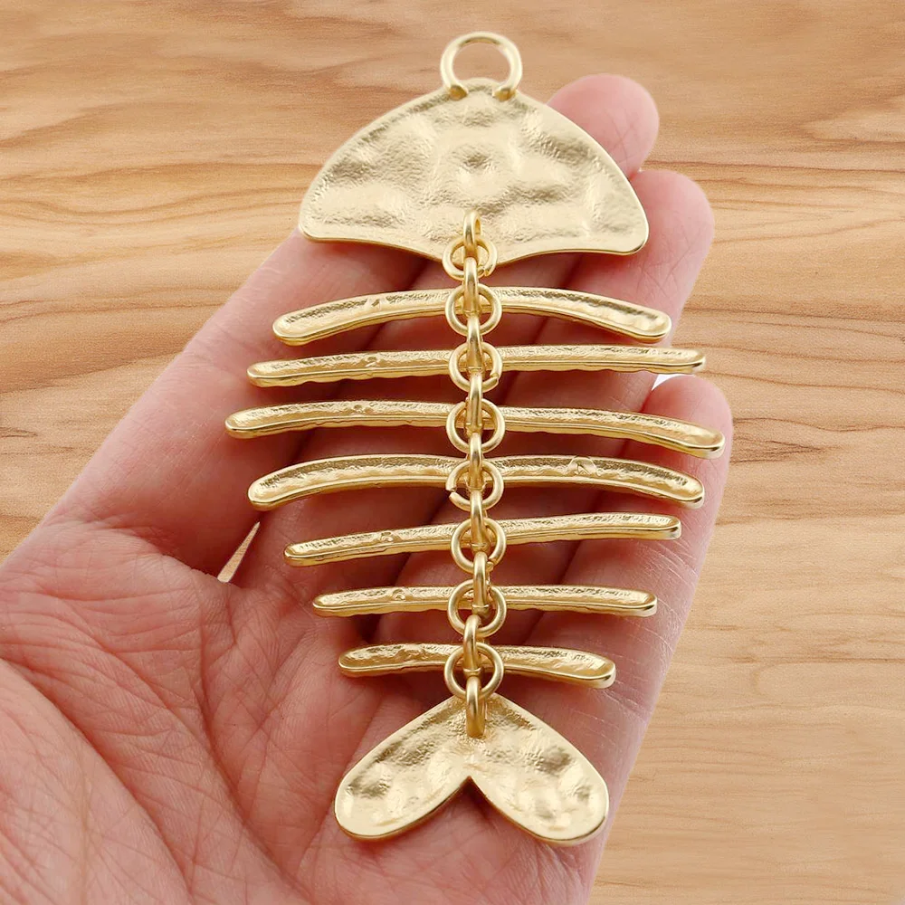 Matte Gold Color Large  Fish Bone Skeleton Moveable Punk Charm Pendant for DIY Necklace Jewelry Making