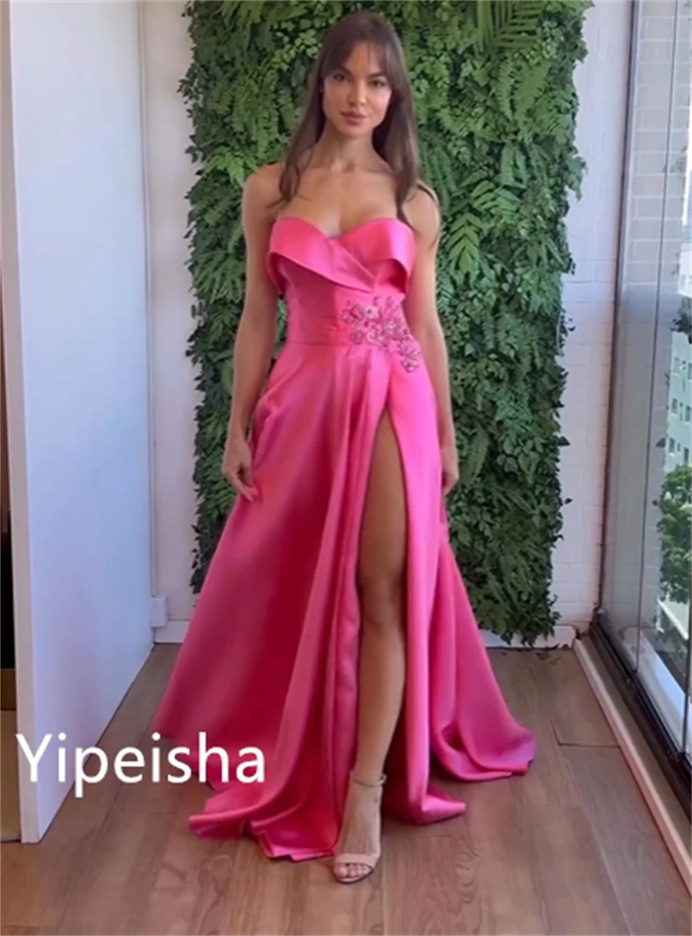 Yipeisha Retro Simple Strapless Ball gown Cocktail Evening Flowers  Sequin Fold  Satin Celebrity Dresses