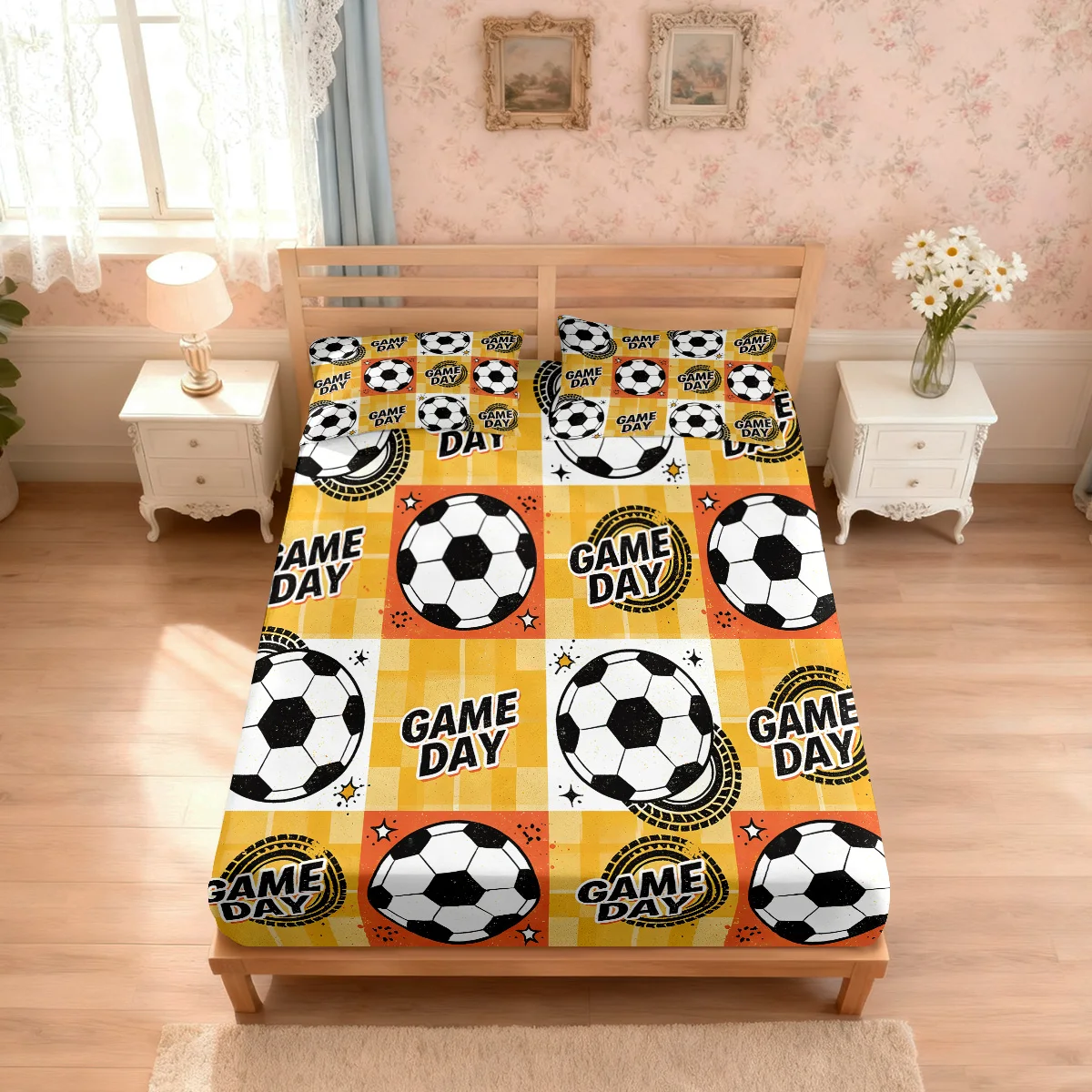 3pcs Colorful Football Printed Coreless Bed Sheet Set, Multi Size Soft Bed Cover, Bedroom Bedding Decoration, Machine Washable