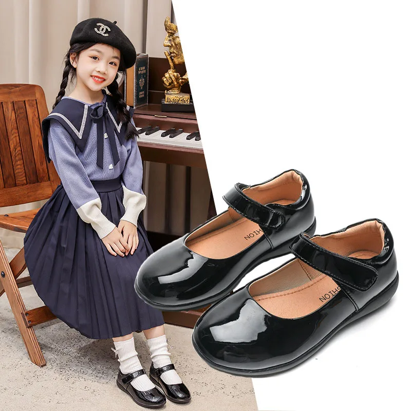 Spring Autumn 2023 New Performance Party Wedding Big Kids Shoes for Girl Princess Girls School White Black Leather Shoes CSH1346