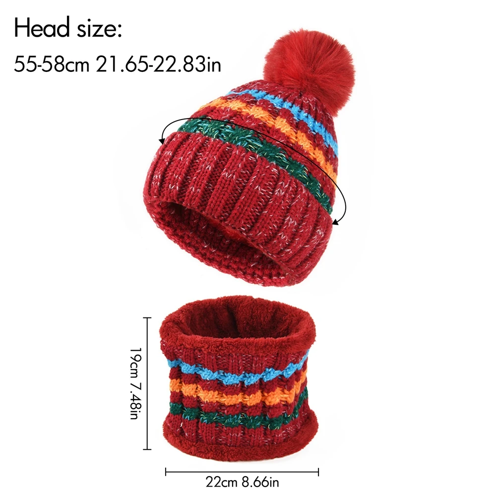 ชุดหมวกบีนนี่และผ้าพันคอไหมพรมลายทางสำหรับผู้หญิงและผู้ชาย 2 ชิ้น สำหรับฤดูหนาว บุขนแกะ อุ่นสบาย ใช้คลุมศีรษะและคอ เหมาะสำหรับเทศกาลคริสต์มาส