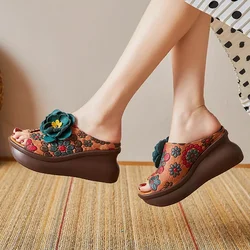 Careaymade National Women Slippers Summer Printing Flowers Wedges Open Toe Slippers Outside Genuine Leather Platform Slides