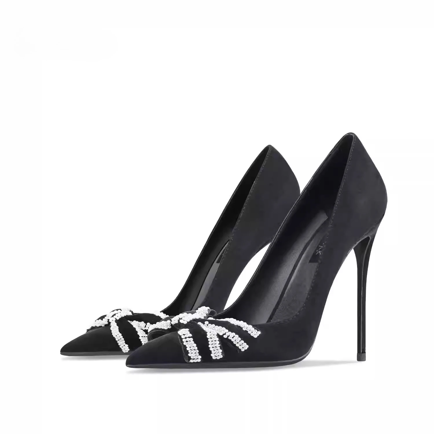 

Black Suede Bow High Heels Pointed Toe Pumps 2025 Autumn Women Fashion Sexy Shoes