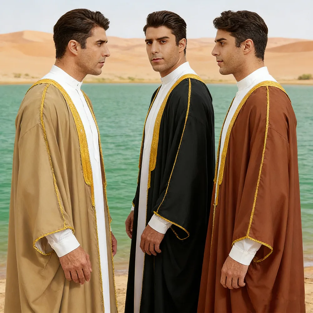 

Saudi Arabic Men Bisht Robe Kimono Kaftan Muslim Prayer Islam Dress Dubai Jubba Thobe Abaya Turkey Eid Thoub Djellaba Dishdasha