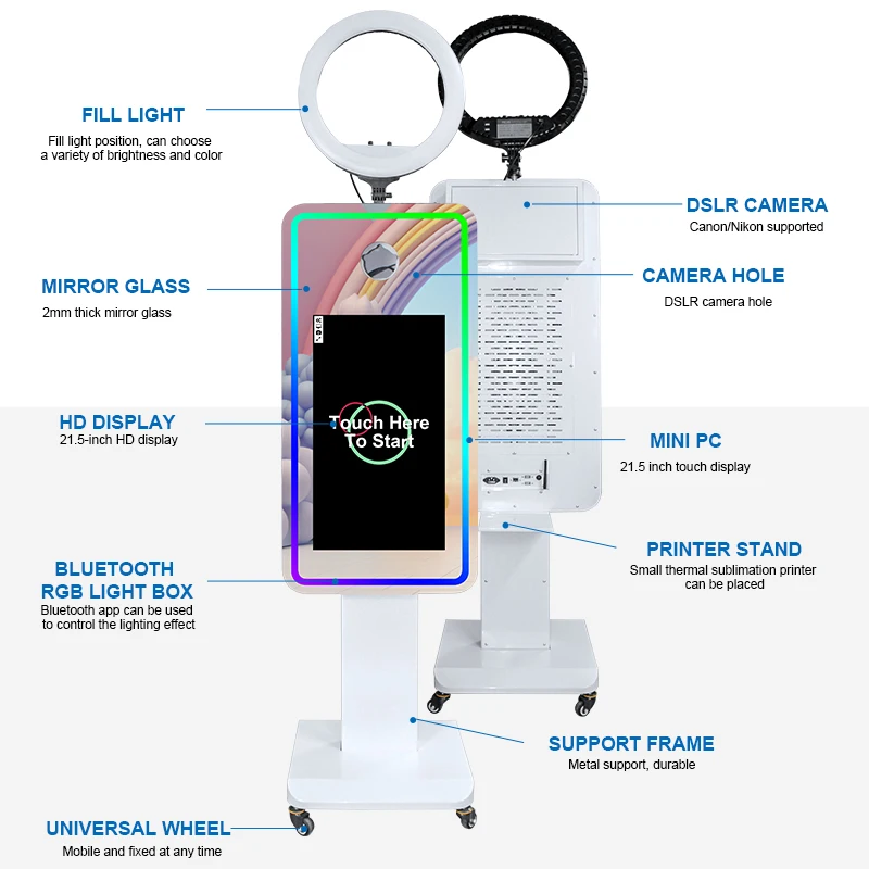 Portable Mirror Photo Booth Selfie Machine 21.5 in Touch Screen with Wheels and Flight Case for Party and Event