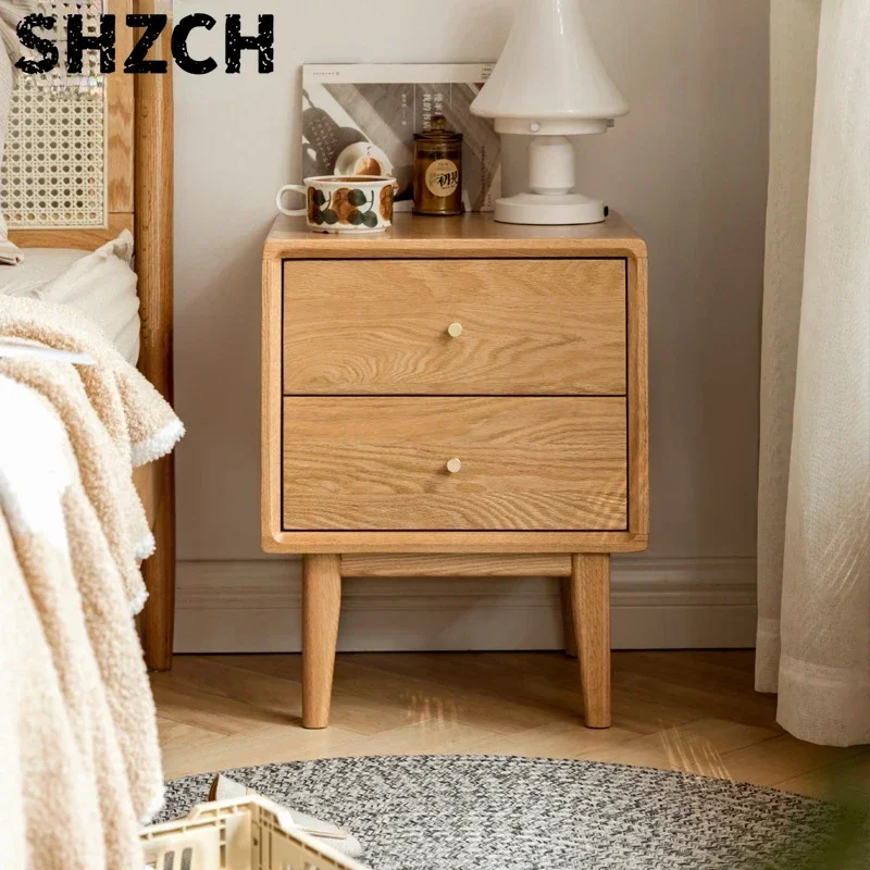 Solid Wood Nightstand Modern Minimalist Oak Bedside Cabinet Nordic Bedroom Storage Chest with Two Drawers