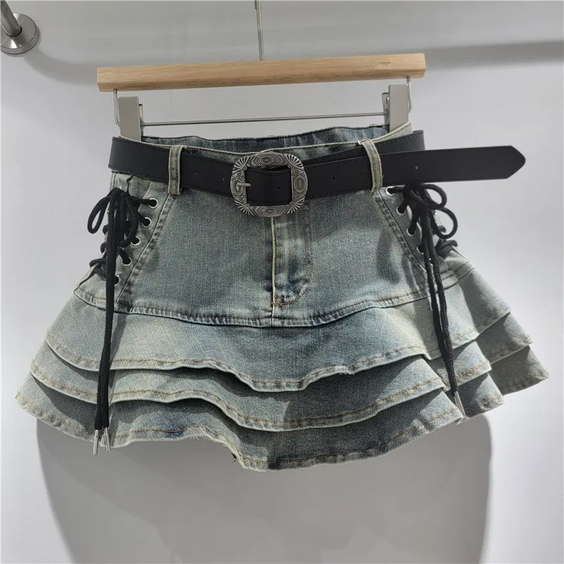 ANJY Spring Summer New Women American Style Stylish Lace-Up Denim Layered Mini Skirt Hot Girl Patchwork Ins A-Line Skirts A25598