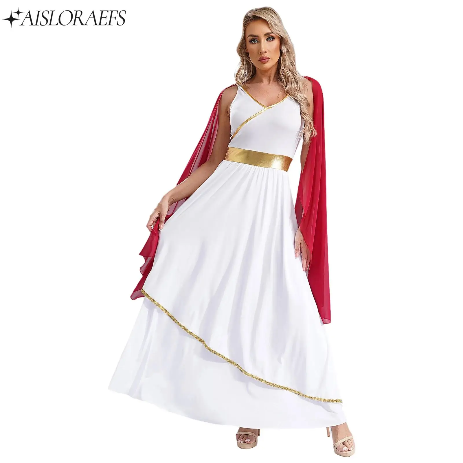 Adults Womens Ancient Greek Beauty Dress Halloween Costumes V Neck Sleeveless Gold Trims Toga Greece Roman Queen Cosplay Dress