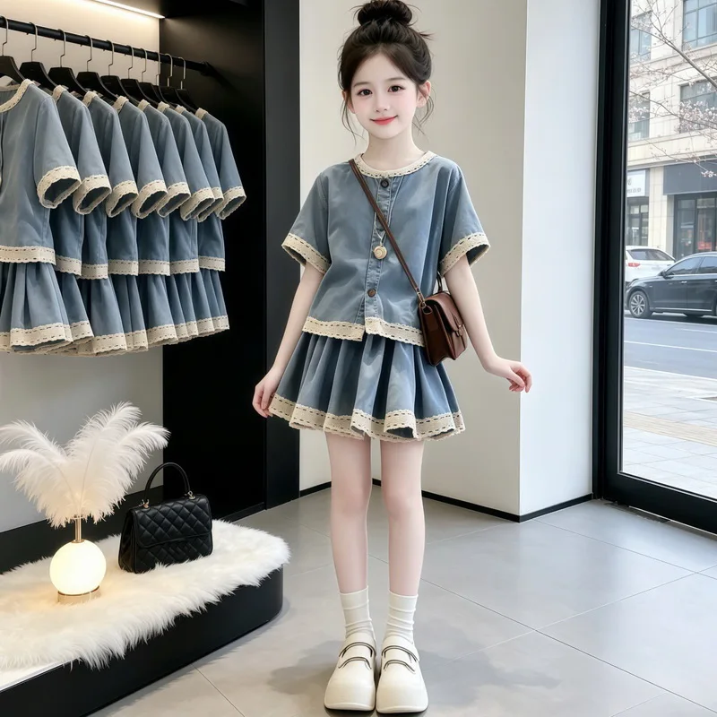 Girls Summer Outfit Thin Denim Top And Pleated Skirt Set High Waist Bicolor Lace Detail Breathable Leather Short Sleeve Two Piec