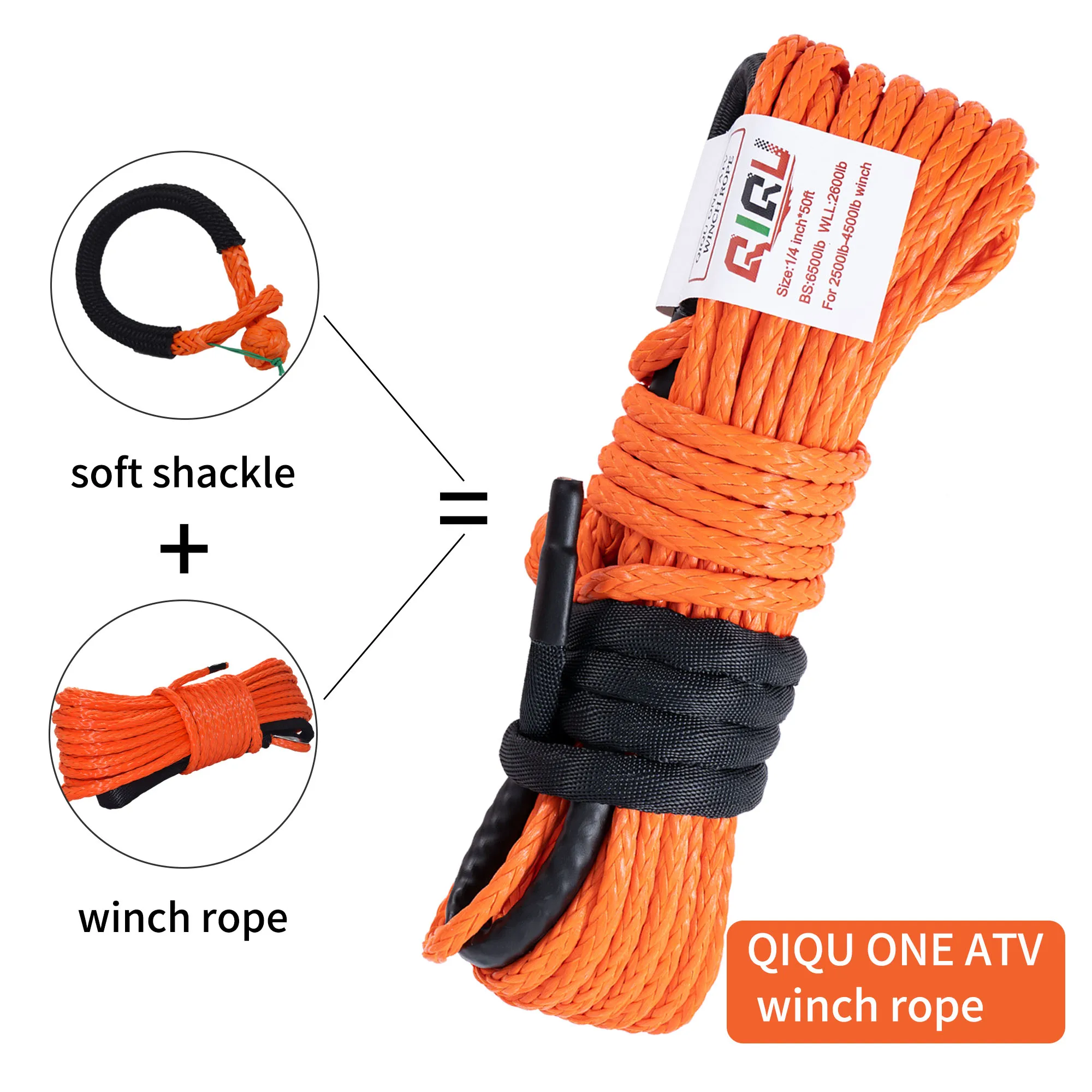 ONE ATV Winch Rope Cable with Soft Shackle (1/4 inchx50ft)