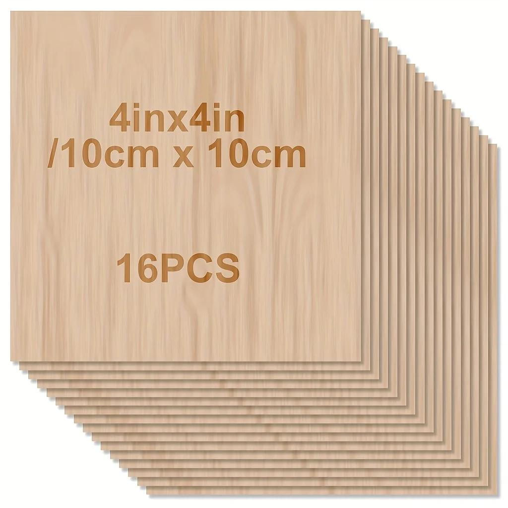 4/8/16 Craft Wood Board - 4 x 4 x 1/12 inches - 2 mm thick board with smooth surface - Square board for laser cutting, wood burn