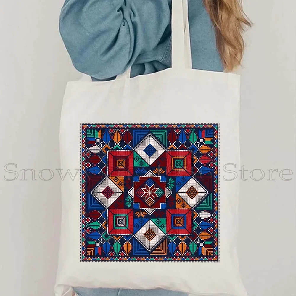 Heart Peace Floral Arabic Keffiyeh Kufiya Folk Embroidery Tatreez Art Dome of The Rock al quads Gifts Canvas Tote Bag Handbags