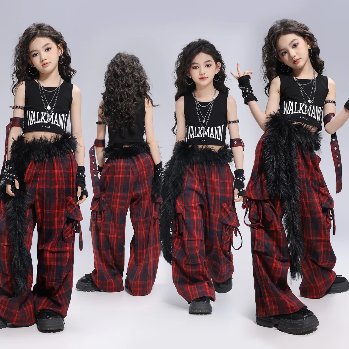 Abbigliamento Hip Hop per ragazze Punk Crop Top Pantaloni cargo Bambini Street Dance Gonna scozzese Set di vestiti Bambini Streetwear Abiti per adolescenti
