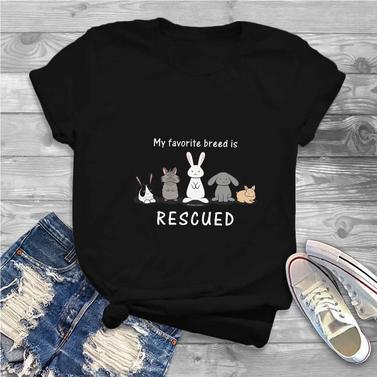 My Favorite Breed Is Rescued O Neck Polyester TShirt Rabbits Classic T Shirt Woman's