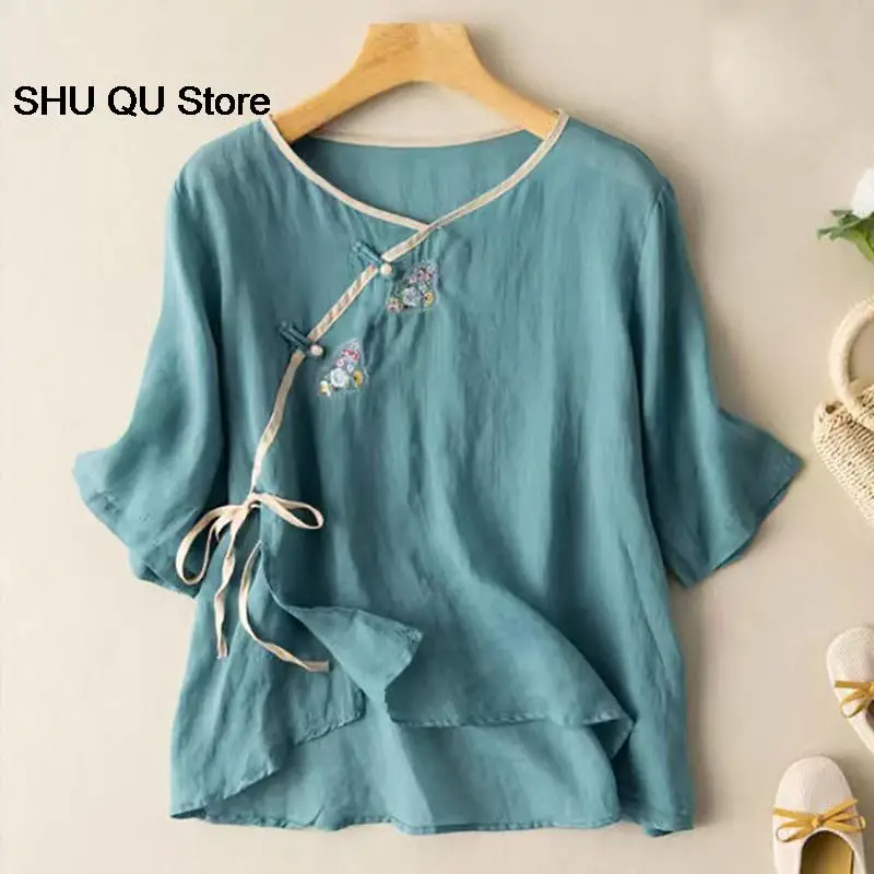 New Spring Summer Traditional Chinese Clothing Women Clothes  Short Sleeve Top Loose Hanfu Tang Suit Round Neck Literary T-shirt