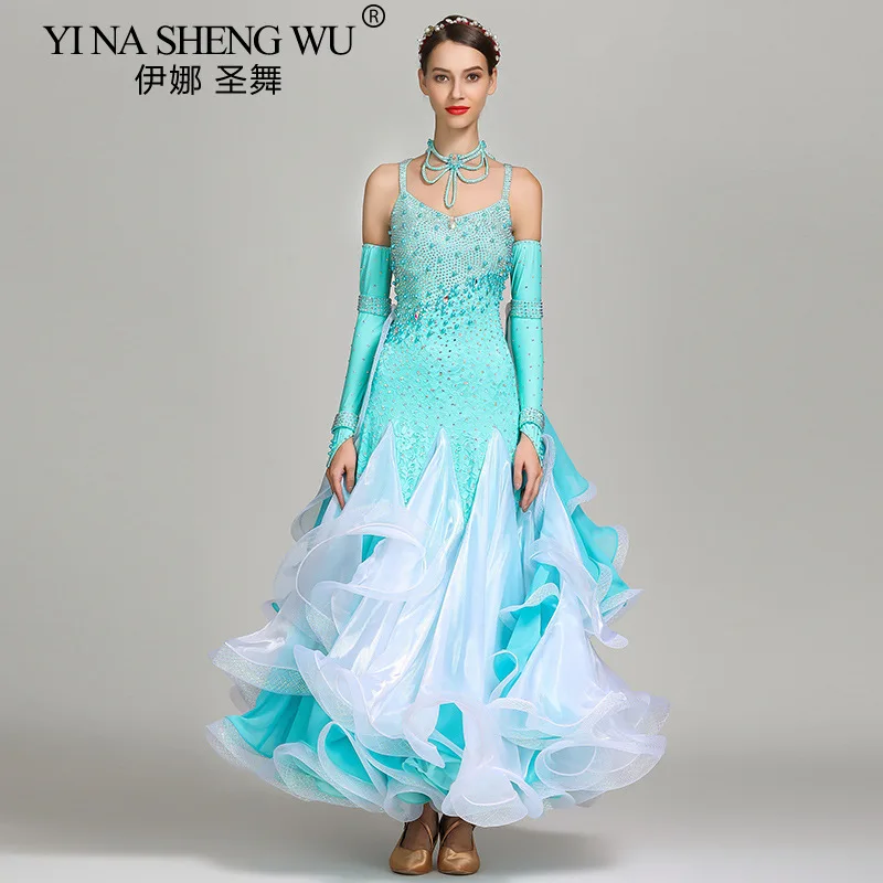 ชุดเต้นรำสมัยใหม่สำหรับผู้ใหญ่ ผู้หญิง ชุดเดรสผ้าชีฟองเปิดหลัง ทรงสวิงขนาดใหญ่ ชุดเต้นรำมาตรฐานระดับชาติ ชุดแสดงวอลทซ์ ชุดราตรี