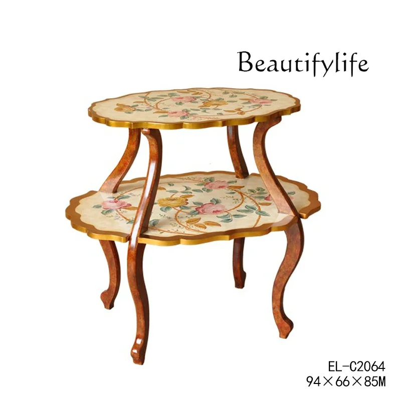 European-Style Country Luxury Hand-Painted Double-Layer Tea Table Villa Model Room French Retro Oval Tea Table