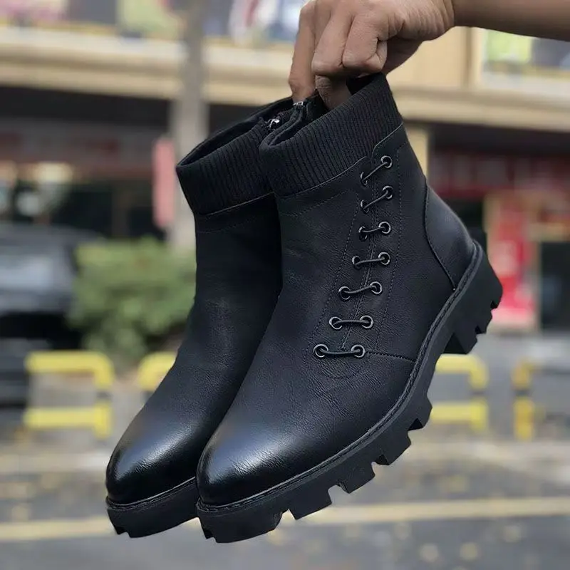 British fashion men's motorcycle boots cow leather shoes black platform ankle boot party nightclub dress cowboy botas masculinas