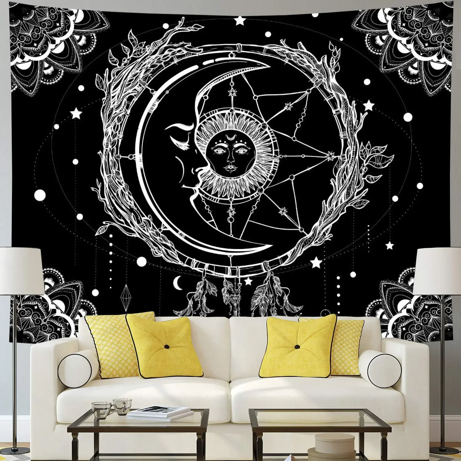 Moon and Sun Psychedelic Bohemian Mandala Wall Tapestry Black and White Indian Hippy Celestial Tapestry