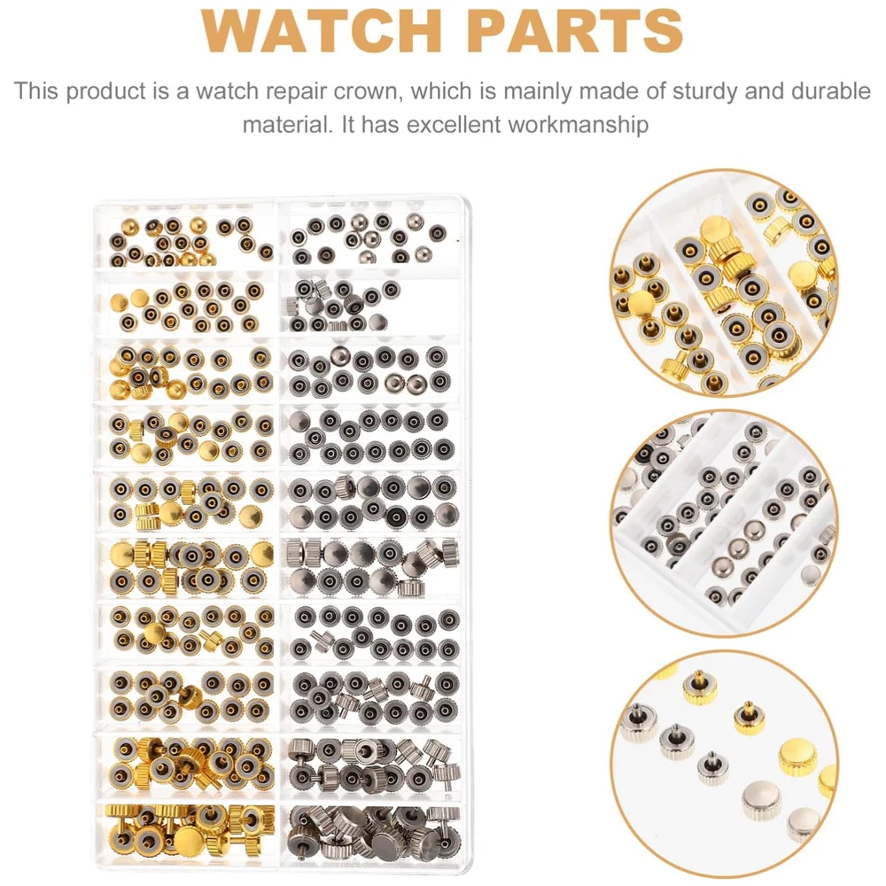 300PCS Watch Crown Set Parts Replacement Assorted Gold & Silver Dome Flat Head Watch Accessories Repair Tool Kit for Watchmaker