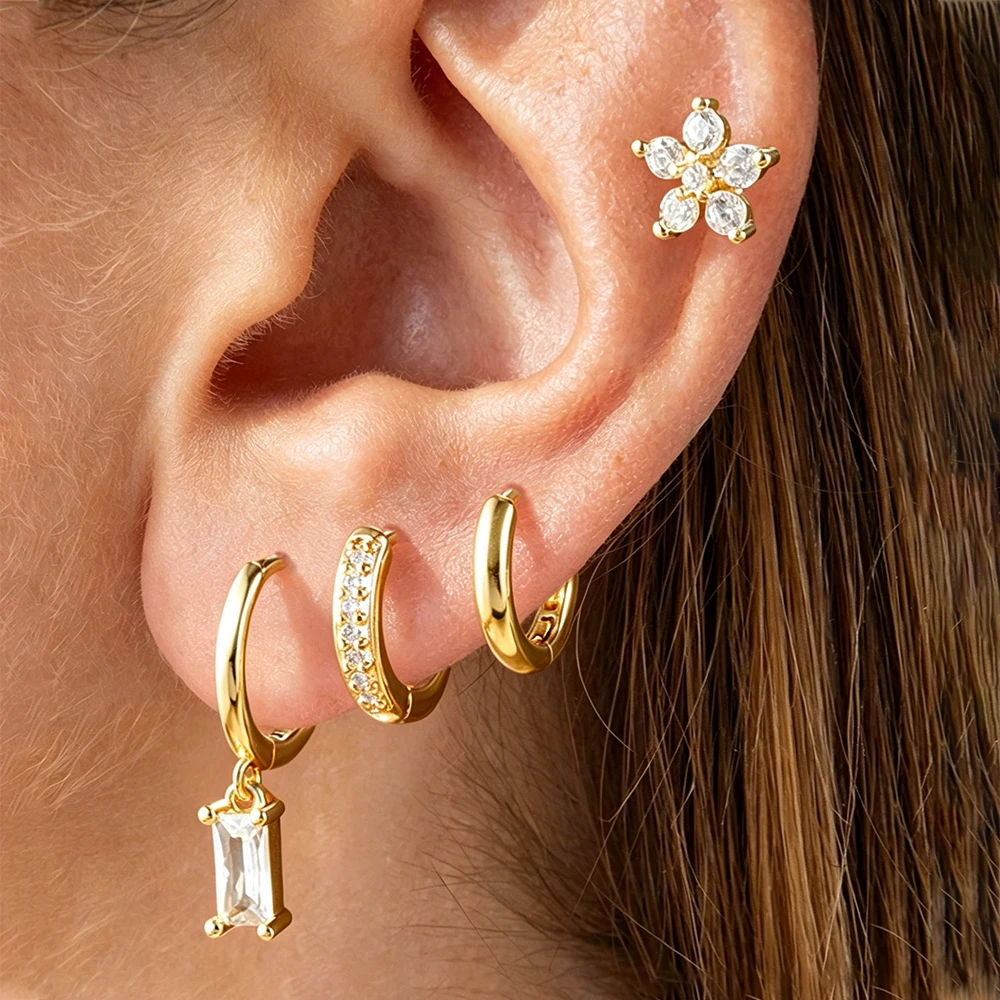 4PCS 2026 New Trendy Plate Gold Color Stainless Steel Dangle Earrings Set For Women Fashion Circle Hoop Zircon Statement Earring