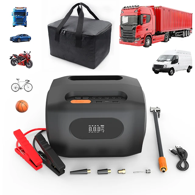 12V/24V Jump Starter Truck Air Compressor  Battery Booster and Flashlight Powerful Truck Jumper with Power Bank