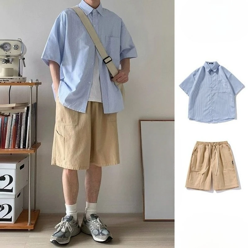 

Men's Stylish Summer Casual Wear 2026 Three Piece Striped Shirt with Short Sleeves in Loose Fit Japanese Fashion Trend