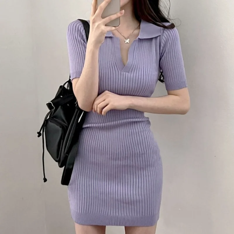 Vestido de manga corta para mujer, ropa ajustada de punto para mujer, ropa de calle de verano para vacaciones, Vestidos Ulzzang básicos suaves e informales