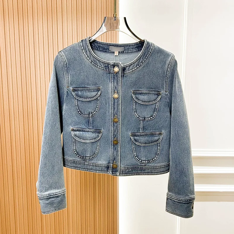 

Spring Casual Outing Commuting Versatile Elegant Round Neck Pocket Single-Breasted Washed Women