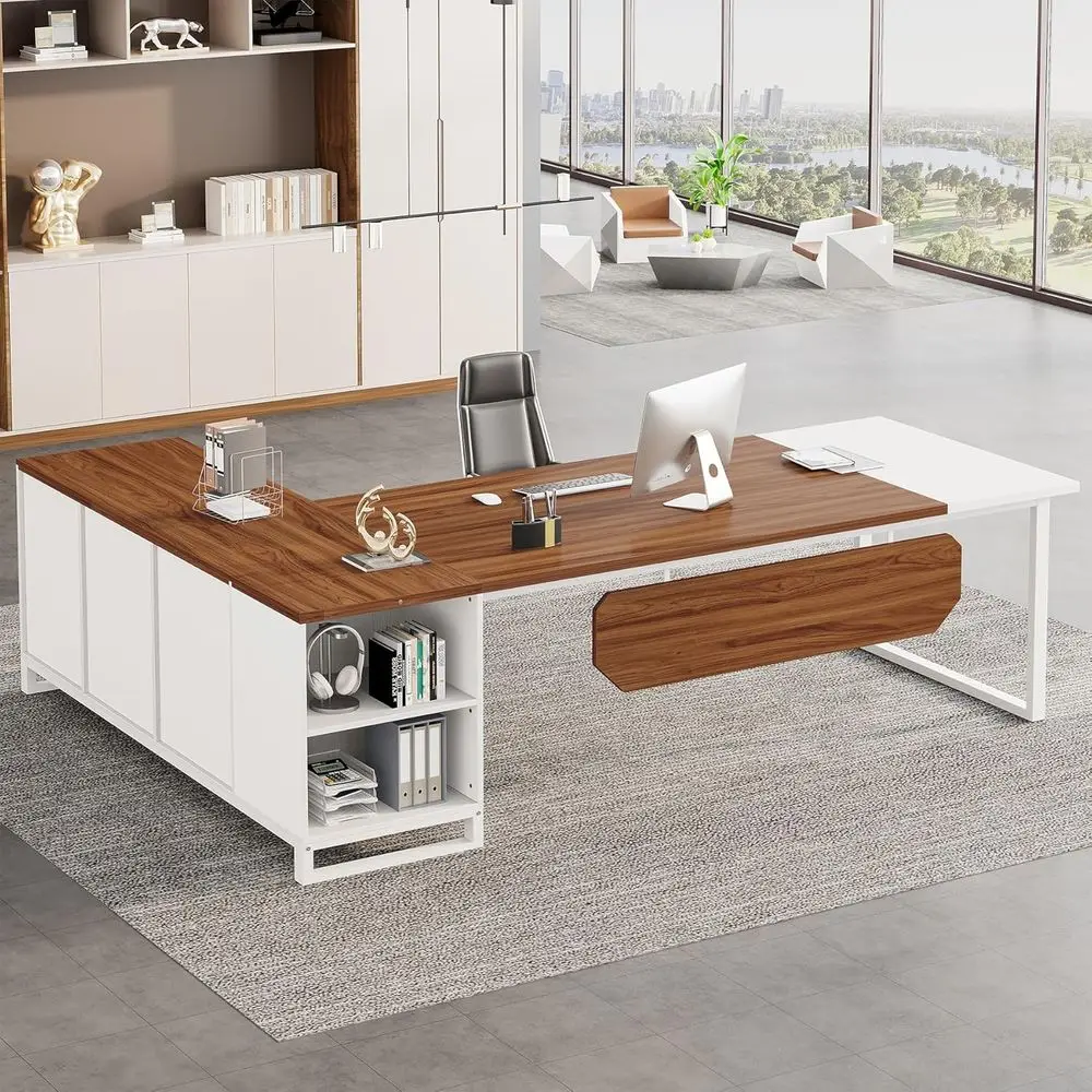 70.8 L-Shaped Desk with Storage Cabinet and Shelves, Walnut & White for Home Office